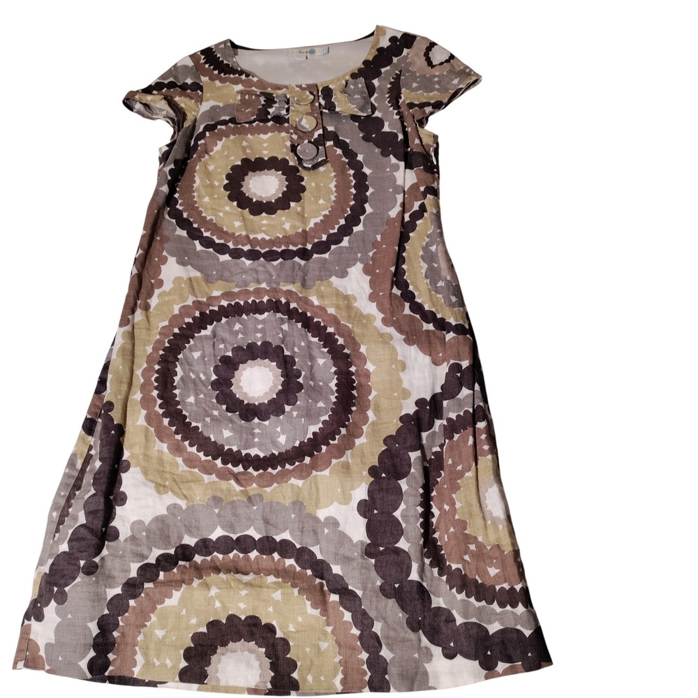 Boden Womens Brown Beige Linen Geometric Circle Print Shift Dress US 4R‎